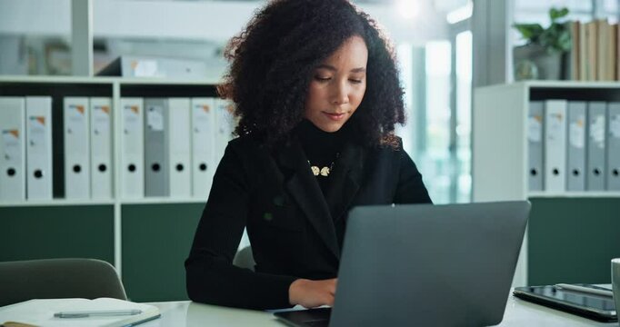 Business woman, document and typing with laptop for financial report, statistics or audit at office. Female person, accountant or employee with coffee, drink or computer for company finance or review