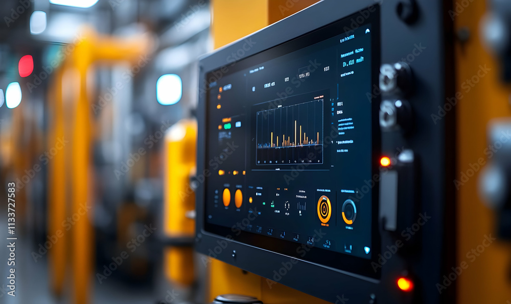 Poster control panel displaying industrial data and metrics in a factory setting.