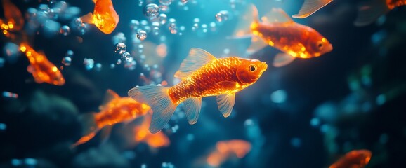 Underwater scene featuring vibrant goldfish swimming among bubbles.