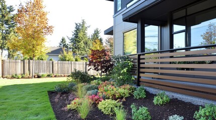 Contemporary Home Exterior with Lush Garden and Modern Fence Design