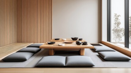 Serene Minimalist Japanese Dining Room with Tatami and Wooden Table