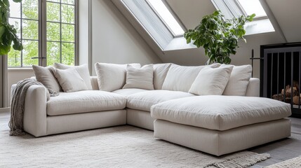 Fototapeta premium Cozy and Modern White Sectional Sofa in Bright Living Room