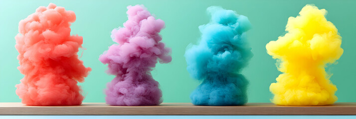 Fototapeta premium Vibrant Color Explosions on Wooden Shelf: Colorful Smoke Plumes Rise Elegantly Against a Mint Background