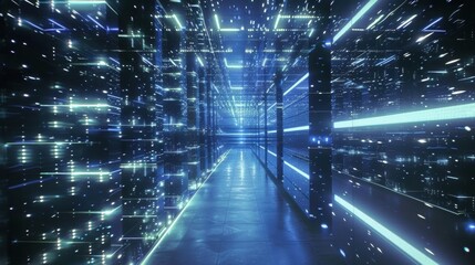 Obraz premium Illuminated data center corridor featuring flashing lights and digital information flowing through network servers, representing big data, cloud computing, and advanced technology