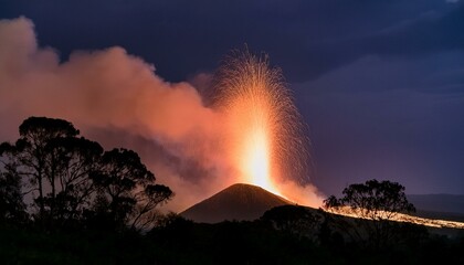 Fototapeta premium Eruptions casting an eerie glow on the surrounding terrain. 