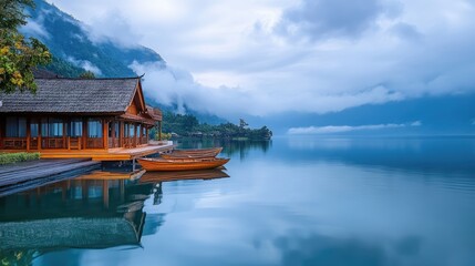Fototapeta premium Serene Lakeside Cabin with Reflection under Cloudy Sky at Dawn
