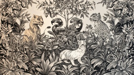 Fototapeta premium Intricate Black and White Illustration of Diverse Animal Species