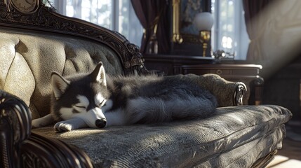 Cozy Wolf Sleeping on Ornate Sofa in Elegant Room with Sunlight