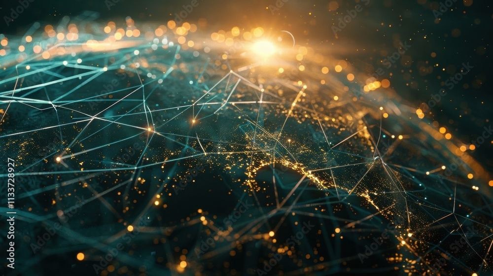 Poster complex network of interconnected nodes spanning across globe, symbolizing global communication and 