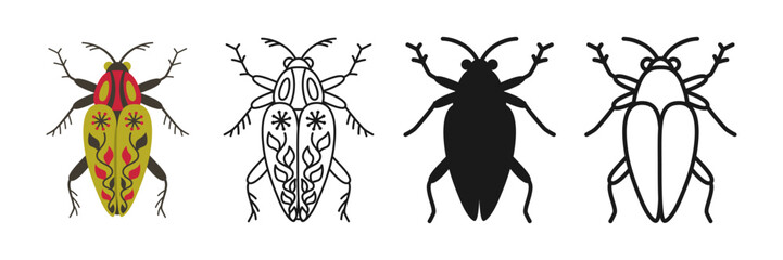 Abstract bug linear icon. Beetle symbol cartoon set. Stylized folk art insects cockroach emblem collection. Simple sign doodle or silhouette funny bug insect clipart. Vector isolated illustration