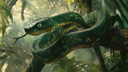 Obraz premium Majestic Green Snake Coiled on Branch in Lush Tropical Forest
