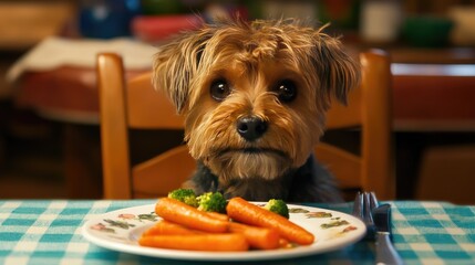 Dog Sitting at Table with Plate of Carrots and Broccoli Delight