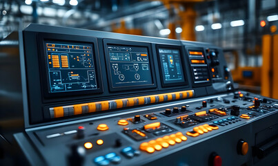 Naklejka premium Control panel with digital displays and buttons for industrial machinery operation.