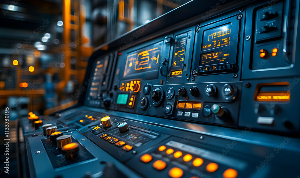 Poster control panel with illuminated buttons and displays in an industrial setting.