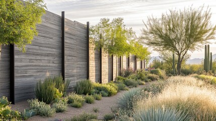 Fototapeta premium Modern Landscaping with Desert Plants and Wood Fence in Sunshine