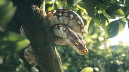 Naklejka premium Colorful Snake Residing on Tree Branch Surrounded by Green Foliage