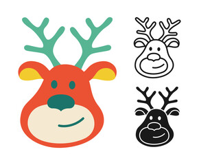 Christmas deer head icon set. Graphic symbol New year. Xmas festive reindeer art simple illustration. Deer sign for Christmas greeting card, postcard, sticker, invitation, calendar, web banner vector