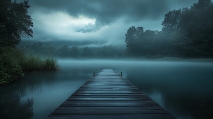 A foggy, misty day at a lake with a wooden pier. The water is calm and the sky is cloudy