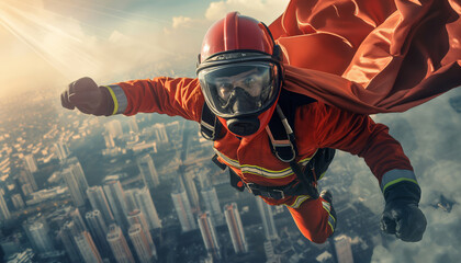 Heroic Firefighter Skydiving Over Cityscape with Red Cape Symbolizing Bravery, Action, and Rescue Mission