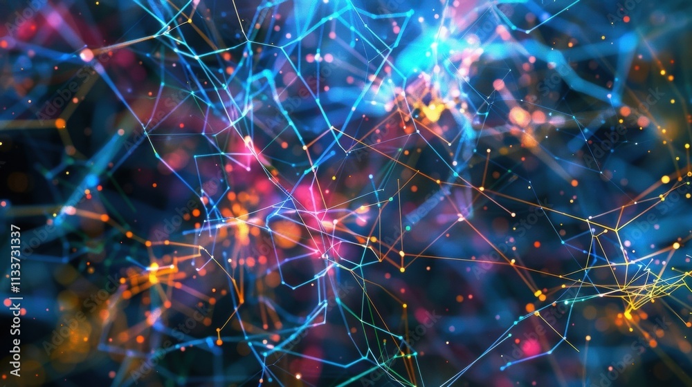 Poster colorful lines and vibrant dots intertwining to create a complex network, illustrating big data conn