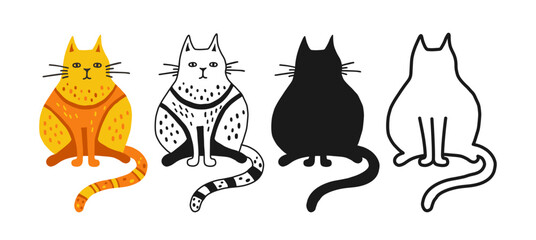 Funny fat cat symbol cartoon set. Abstract hand drawn comic kitten linear icon. Stylized pet animal childish collection. Sign doodle or silhouette funny cat for logo tattoo. Vector illustration