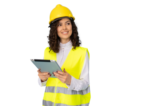 Young Latina civil engineer in protective gear using a tablet