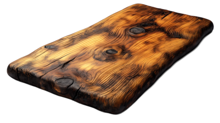 A wooden board with a burnt look on it