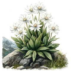 Fototapeta premium Botanical Illustration of Edelweiss Flowers Growing on Rocks with Mountain Background.