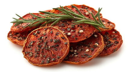 Obraz premium Dried tomato slices with herbs on white background, showcasing their rich texture and flavor. Perfect for culinary use or as healthy snack option