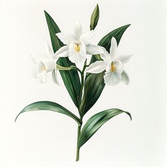 Botanical Illustration of Elegant White Orchids with Lush Green Foliage.