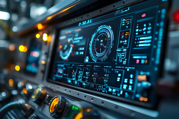Fototapeta premium Close-up of a futuristic control panel displaying various gauges and indicators.