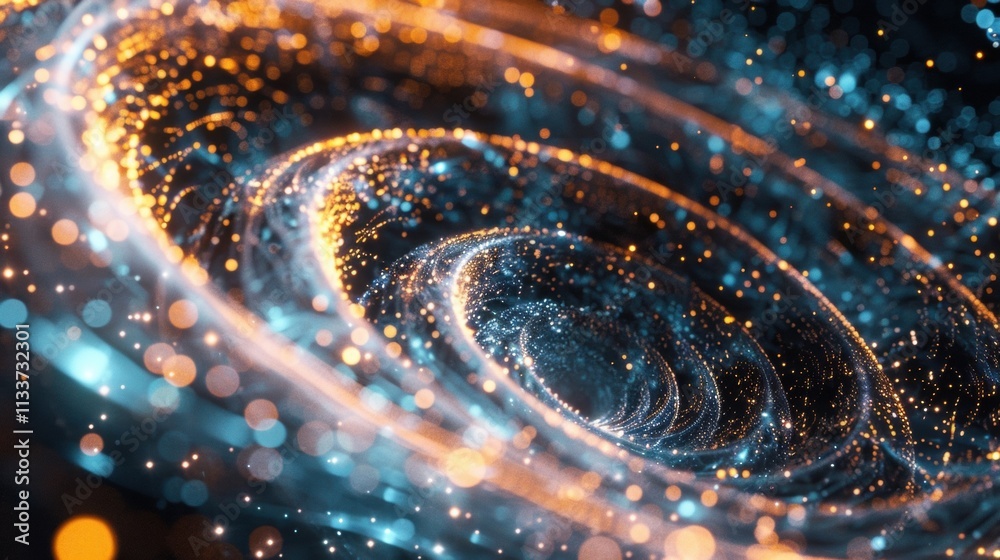 Poster big data is visualized as a swirling vortex of orange and blue particles, creating a mesmerizing abs