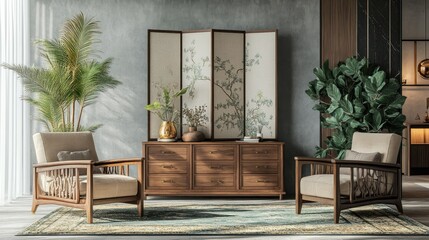 Serene Living Room With Wooden Chairs And Room Divider