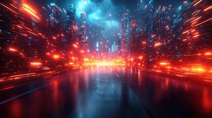 Futuristic city at night, neon lights, speed, highway, rain.