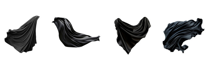 Set of floating elegant black fabric isolated on a transparent background