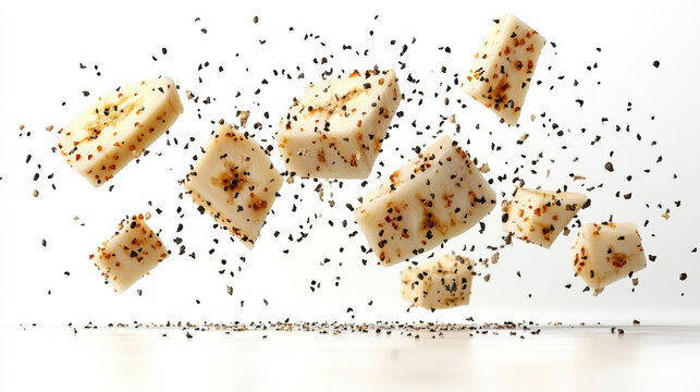 Floating cubes of seasoned tofu with scattered spices create dynamic visual. contrast of textures and colors adds artistic flair to this culinary scene