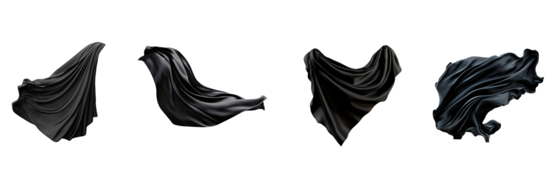 Set of floating elegant black fabric isolated on a transparent background