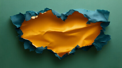 Obraz premium Torn Teal Fabric Reveals Golden Interior, A Textured Abstract Composition with Contrasting Colors and Irregular Edges, Showing a Dramatic Reveal of Underlying Material.