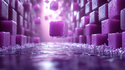 vibrant purple cube floats above reflective surface, surrounded by wall of similar cubes. scene is illuminated with soft lighting, creating dreamy atmosphere