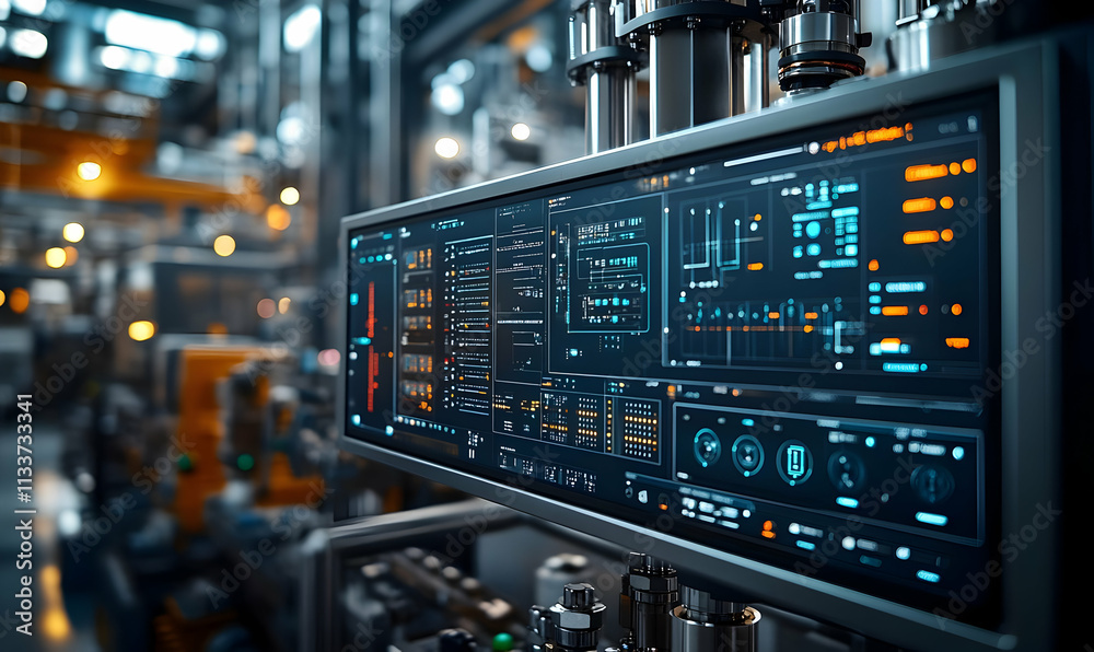 Poster a digital control panel displaying industrial data and metrics in a high-tech environment.