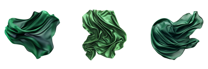 Set of floating elegant green fabric isolated on a transparent background