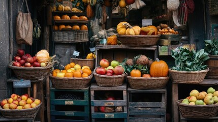 Colorful Market Scene with Fresh Produce in Baskets and Crates