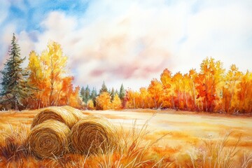 Breathtaking watercolor scenery captures an open field adorned with haystacks. © Umnat