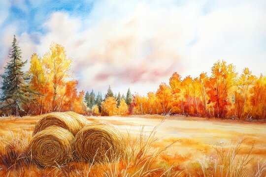Breathtaking watercolor scenery captures an open field adorned with haystacks.