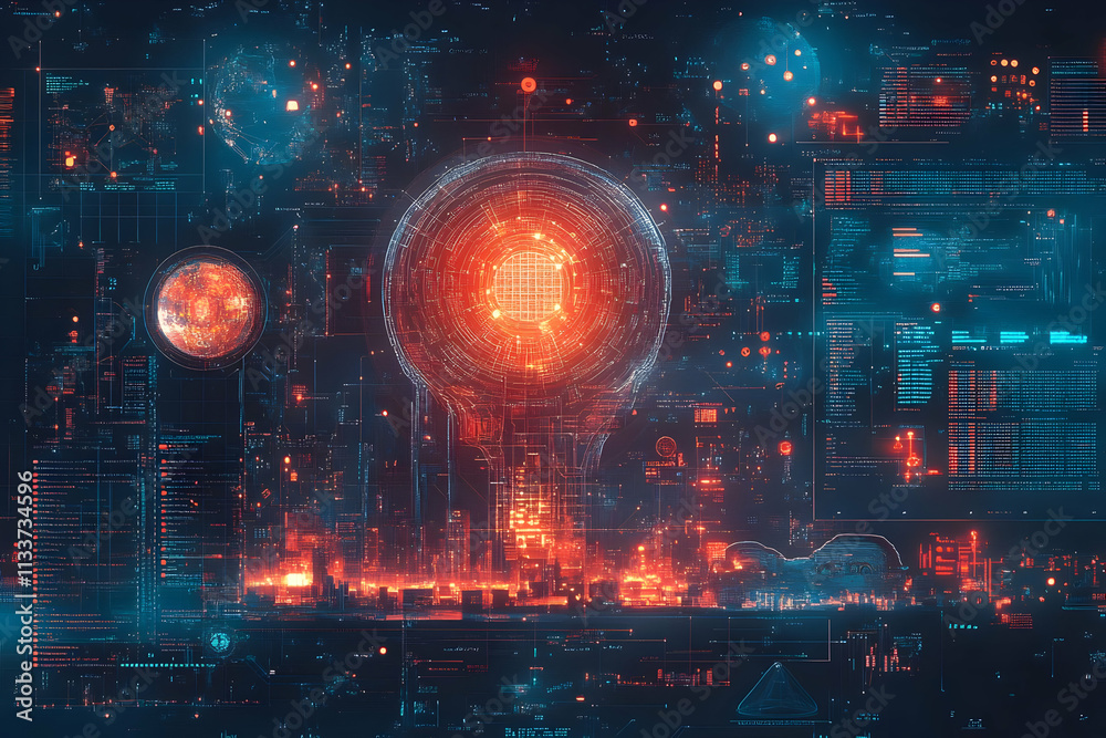 Poster futuristic digital interface with glowing elements and data visualization.