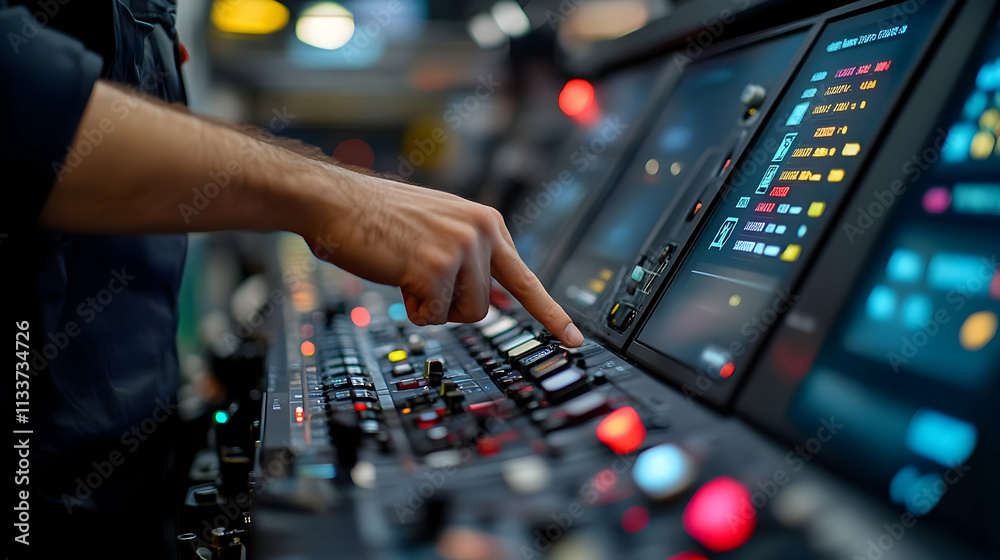 Poster a hand interacting with a complex control panel filled with buttons and screens.