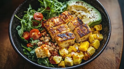 Grilled tofu, avocado, mango, and cherry tomato salad in a dark bowl.