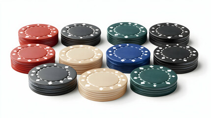 Colorful Casino Chips Stacked on White Background: A Game of Chance with Various Colored Tokens Representing Stakes and Bets in a High-Stakes Gambling Setting.