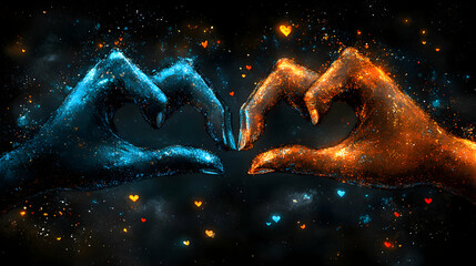 Obraz premium Cosmic Hearts, Two Hands Form a Heart Shape in a Starry Night, Symbolizing Love and Unity. A Celestial Embrace of Passion and Affection.