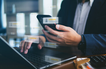 Customer review good rating concept, hand pressing user and five star icon on visual screen for...